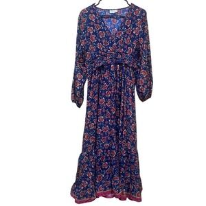 Boem Anthropologie Blue Floral Print Maxi Dress‎ Long Sleeve Bohemian Casual XLP